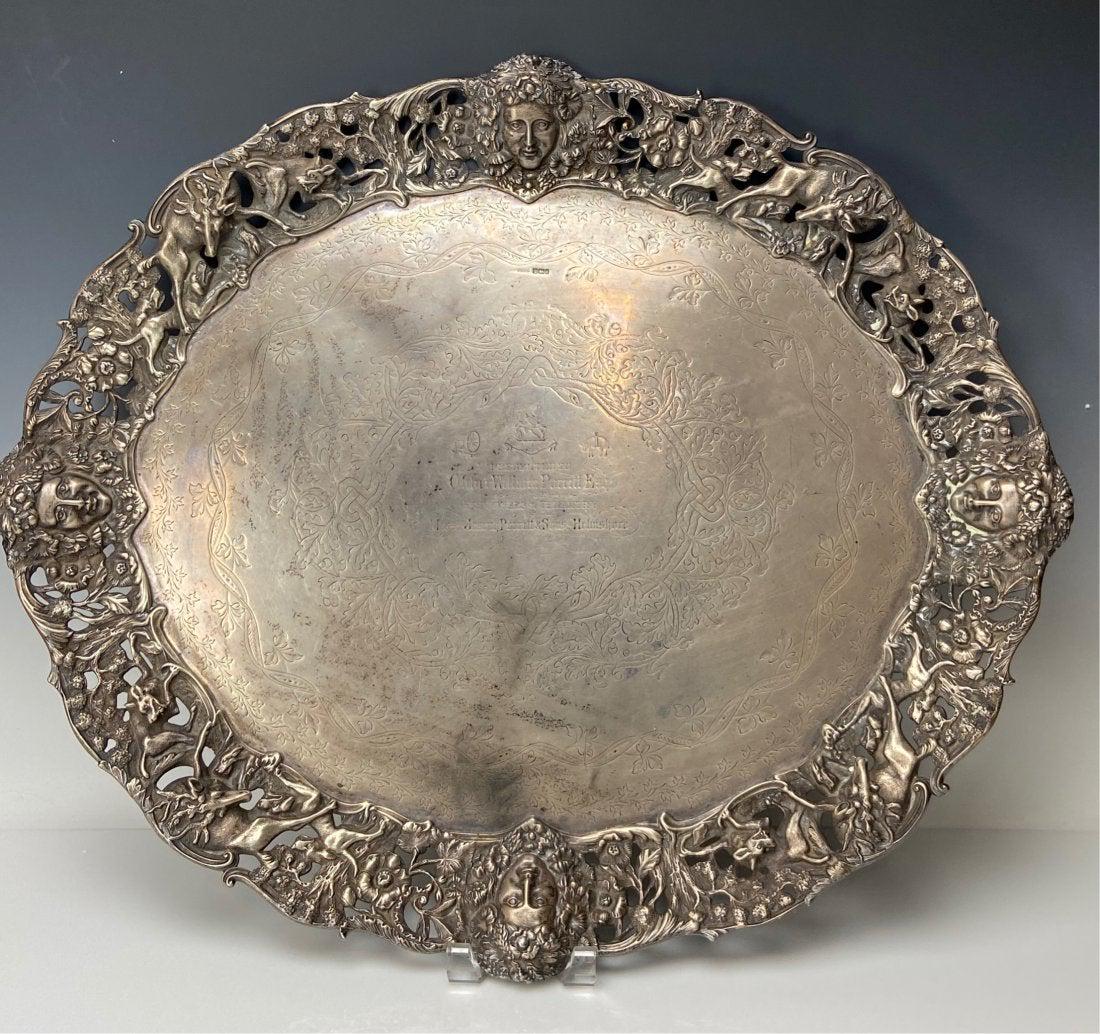 A LARGE 19TH C ENGLISH STERLING SILVER TRAY (1 of 5)
