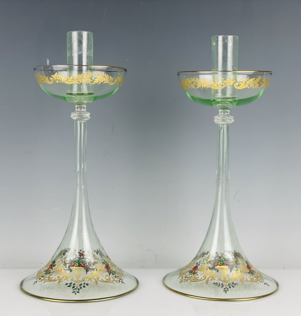A PAIR OF ENAMELED VENETIAN GLASS CANDEL HOLDERS (1 of 3)
