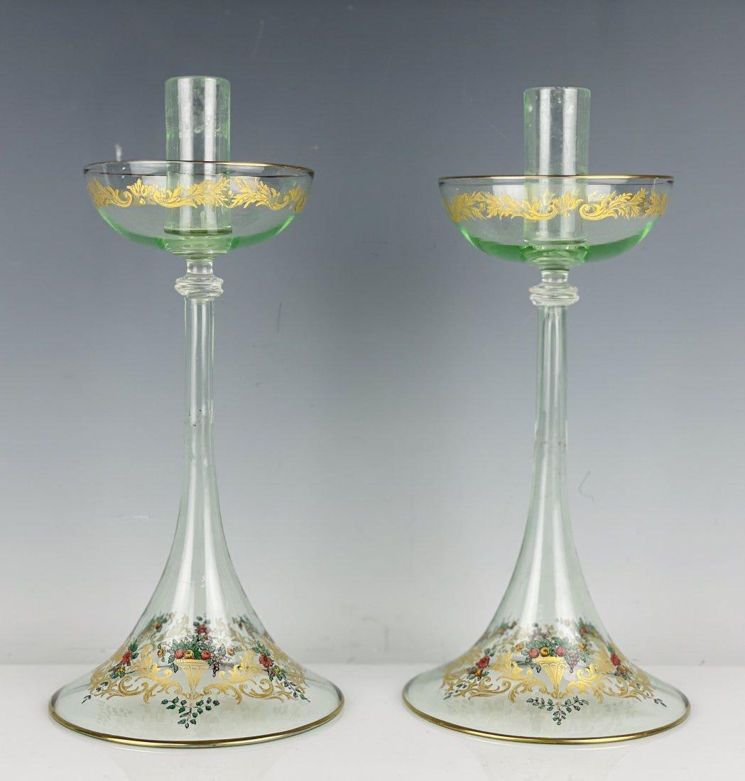 A PAIR OF ENAMELED VENETIAN GLASS CANDEL HOLDERS (1 of 3)