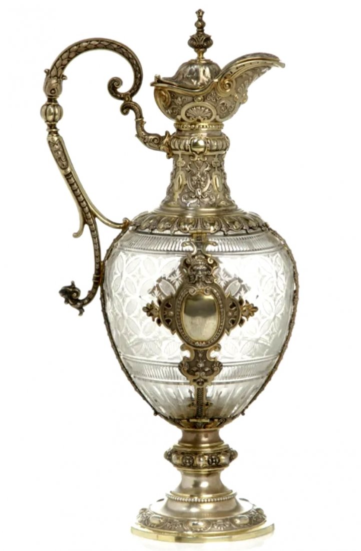 A FINE CONTINENTAL SILVER AND ETCHED GLASS EWER (1 of 5)