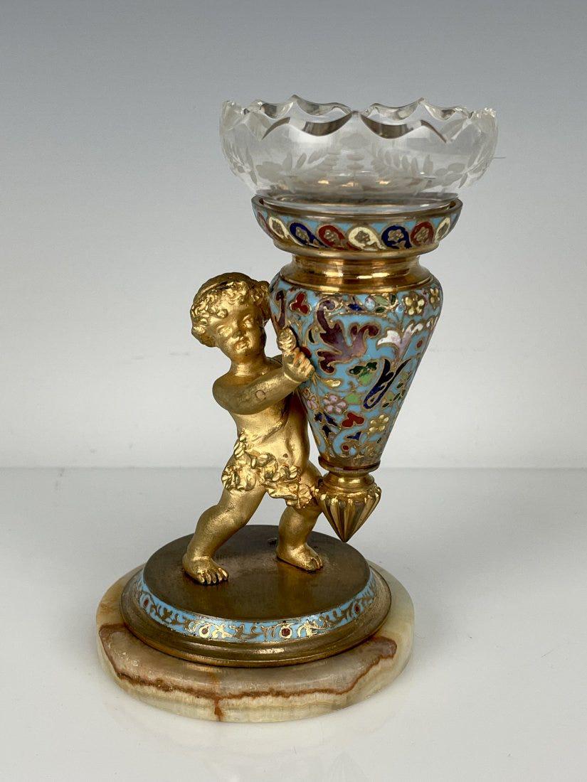 19TH C. FRENCH CHAMPLEVE ENAMEL & CRYSTAL VASE: Measures 5.5 inches. Good antique condition. Estimate $300-400
