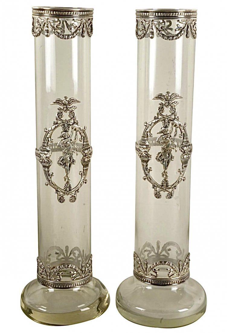 LARGE PAIR OF EMPIRE STYLE SILVER MOUNTED GLASS VASES (1 of 4)