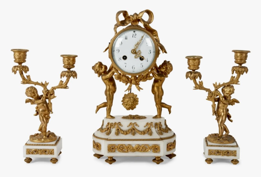 DORE BRONZE AND MARBLE FIGURAL CLOCK GARNITURE (1 of 1)