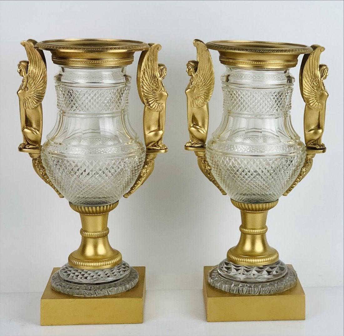 PAIR OF EMPIRE STYLE DORE BRONZE MOUNTED BACCARAT VASES (1 of 4)
