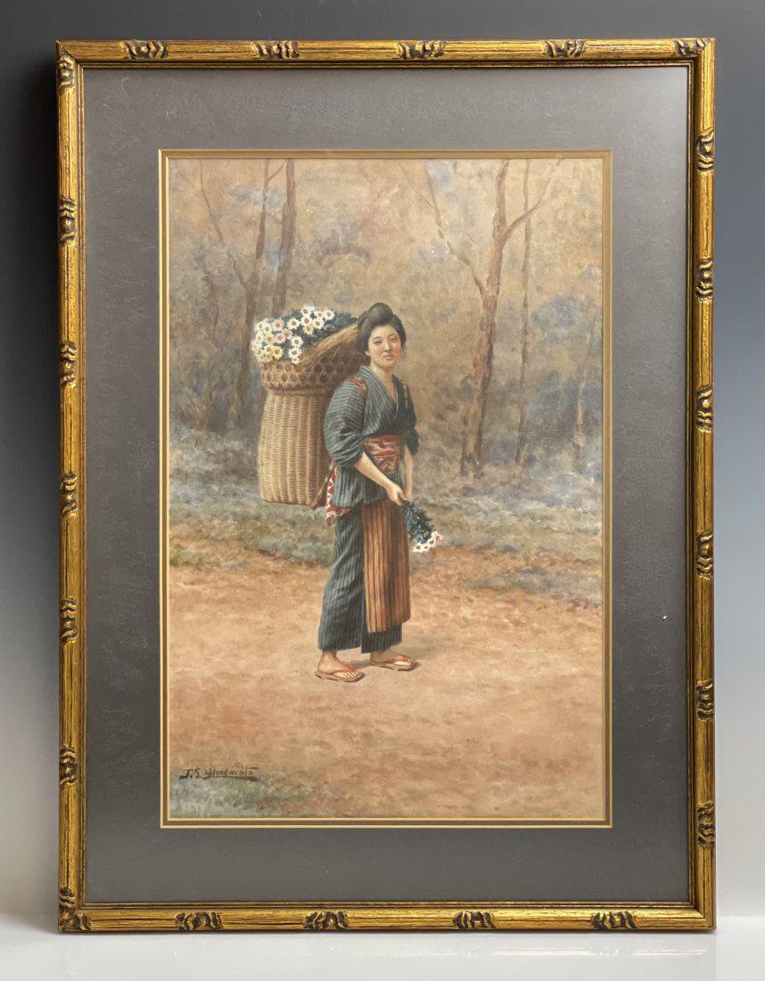 MEIJI PERIOD JAPANESE WATER COLOR SIGNED J.S.YAMAMOTO: Circa 1920. Dimensions: 25.5 x 18.5” framed. Signed J.S.Yamamoto good condition. Estimate $400-500