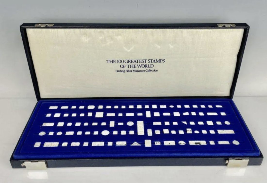 FRANKLIN MINT 100 GREATEST STAMPS OF THE WORLD: All sterling silver in original box. Estimate $800-1.000