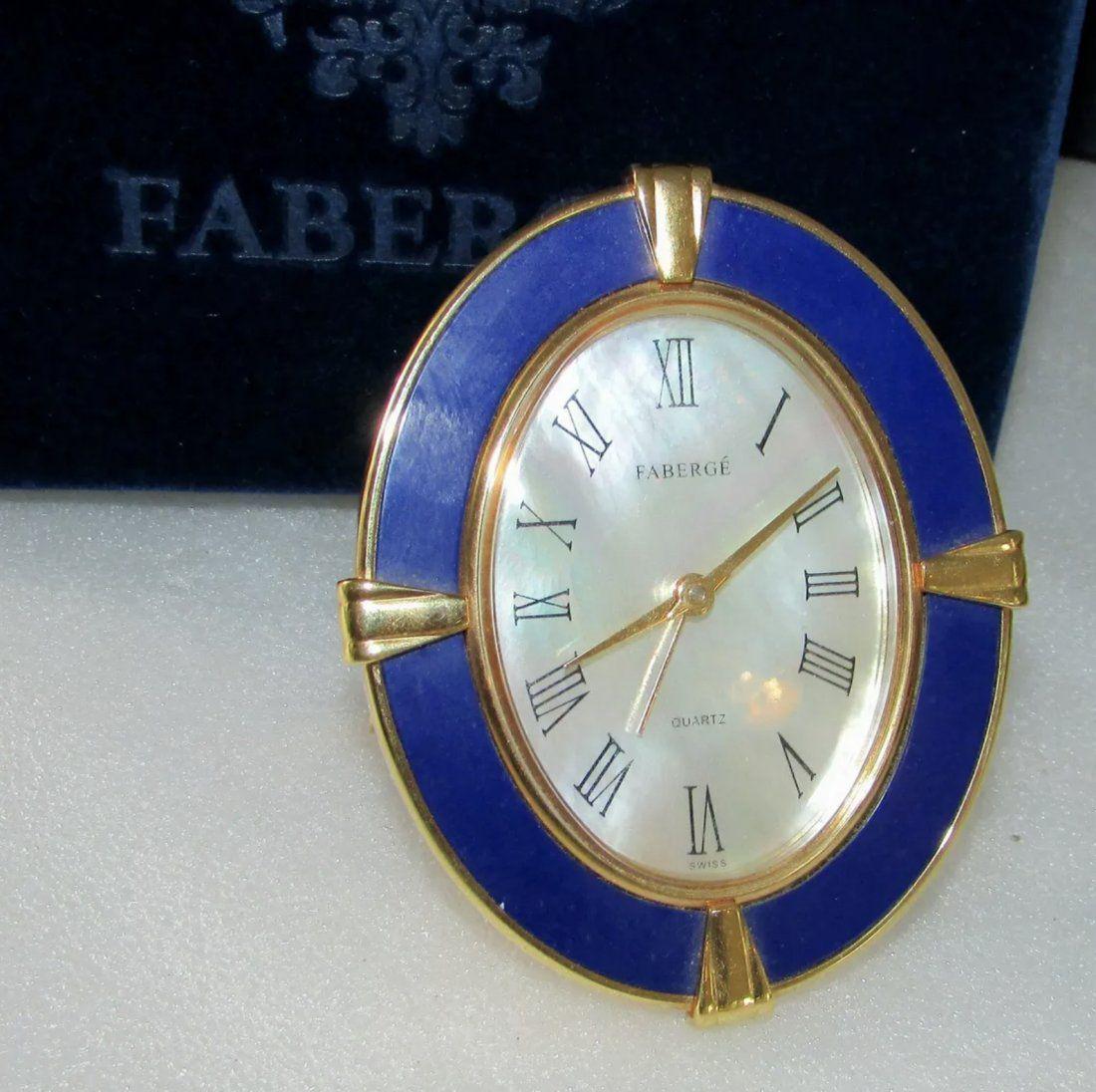 FABERGE MOTHER OF PEARL BLUE LAPIS ENAMEL QUARTZ CLOCK (1 of 5)