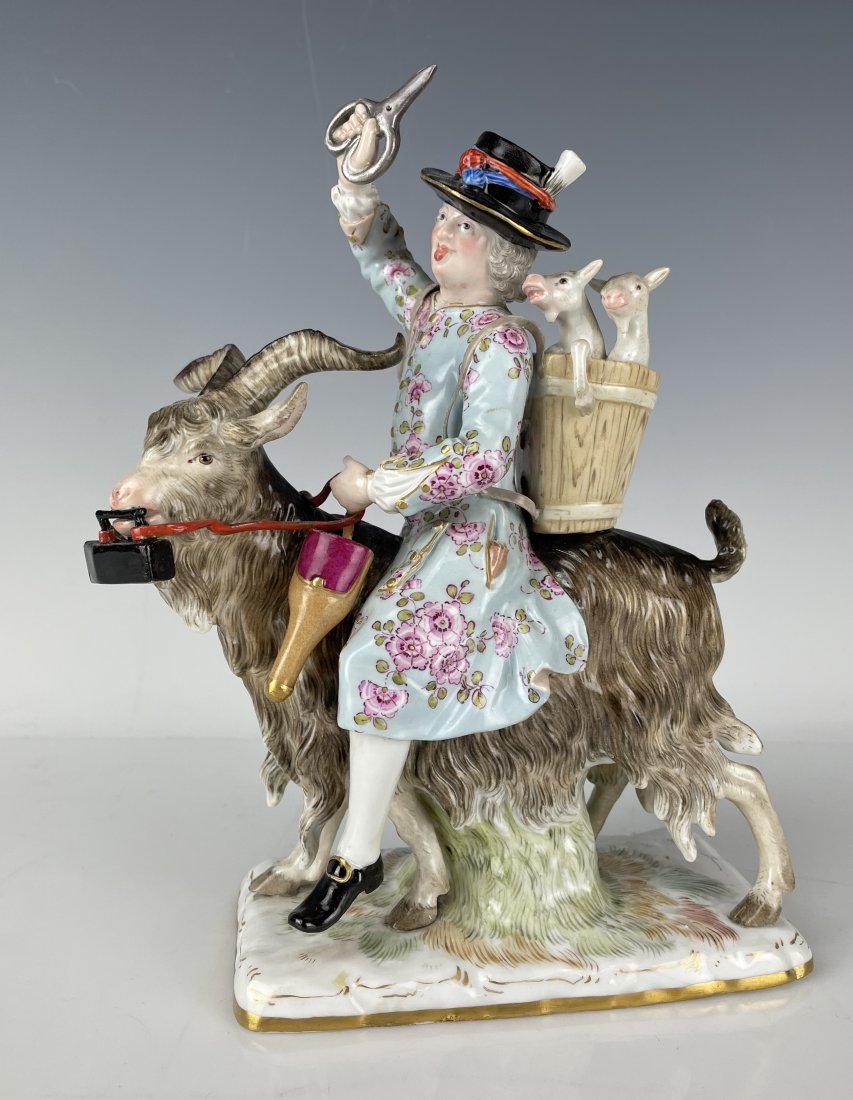 19TH C. MEISSEN TAYLOR ON A GOAT: Measures 9 inches tall. In good condition. Estimate $1.500-2.000