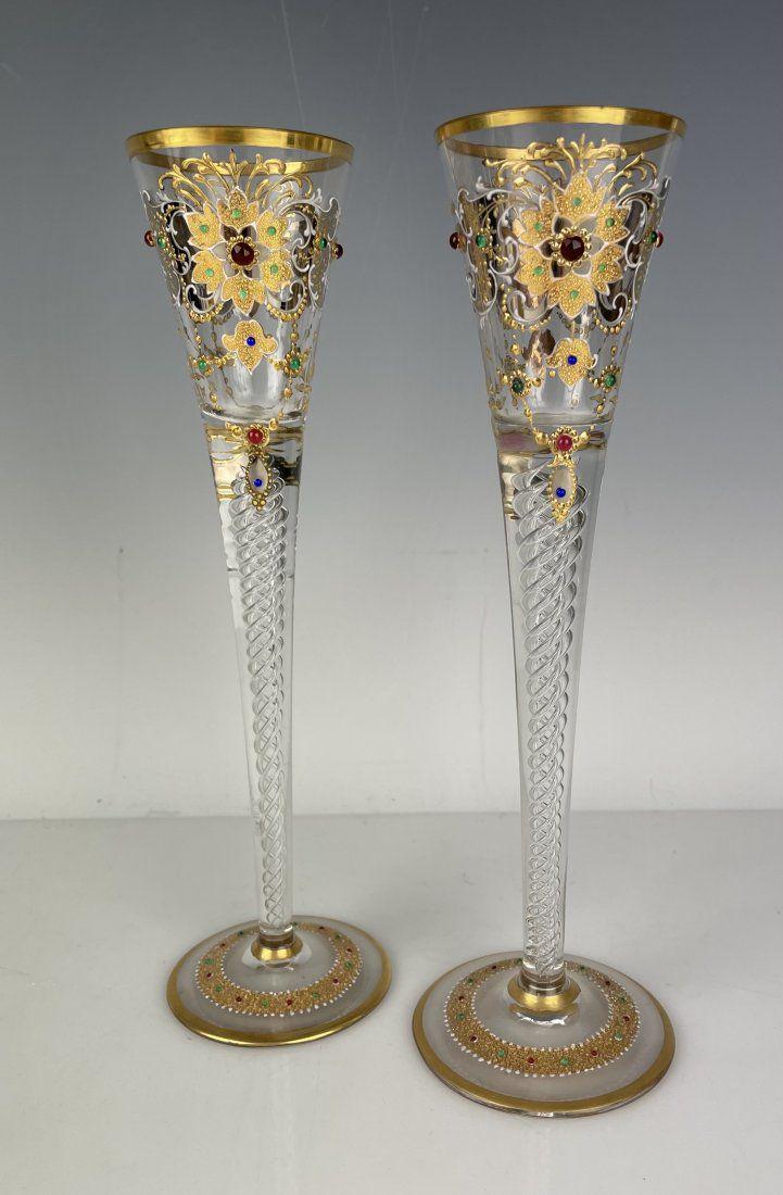 A PAIR OF JEWELED MOSER TALL GLASES: Circa 1900. Measure 9 inches . In good condition. Estimate $600-800