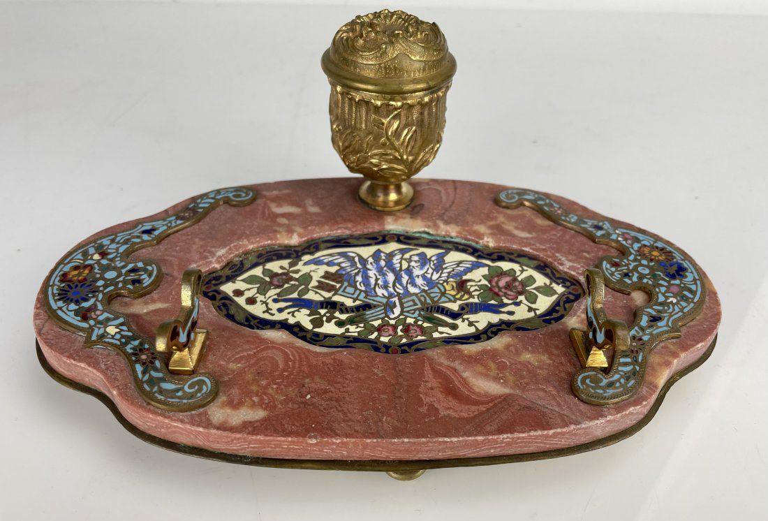 FRENCH CHAMPLEVE ENAMEL AND MARBLE INKWELL (1 of 2)