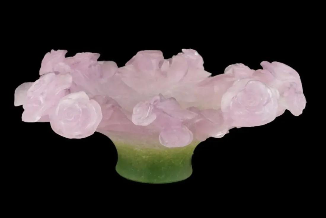 DAUM PATE DE VERRE BOWL: Daum Pate de Verre Pink to Green Rose Bowl. Signed. Measures 6-1/8" x 13-5/8"..Estimate $800-1.000