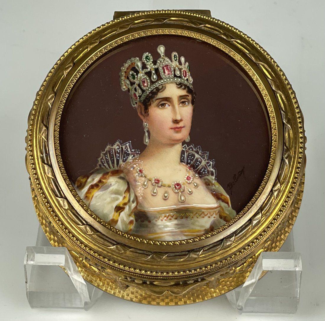 19TH C. ORMOLU POWDER BOX: With a miniature painting of Josephine on top. Measures 5 inches diameter. In good antique condition.Estimate $600-800