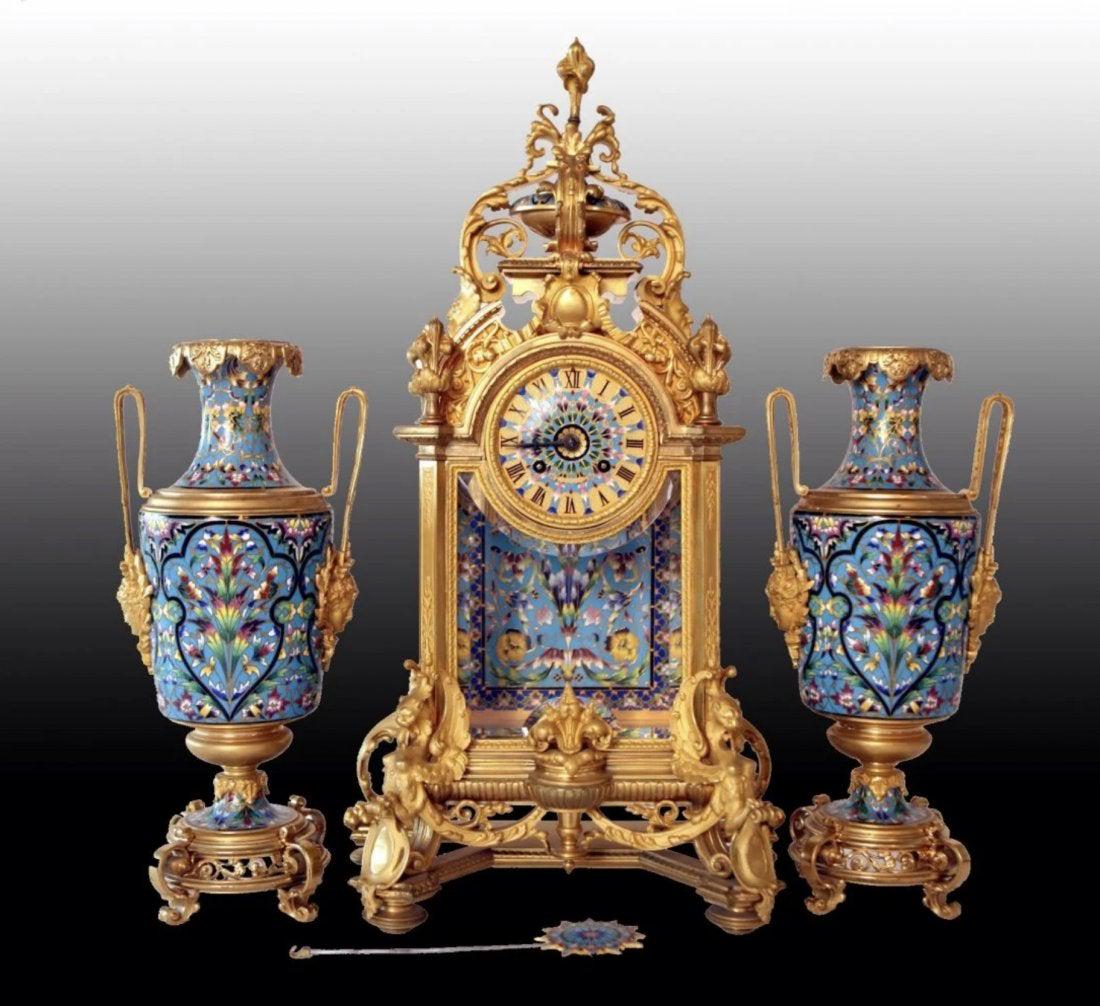 A MAGNIFICENT FRENCH CHAMPLEVE ENAMEL CLOCK SET (1 of 4)
