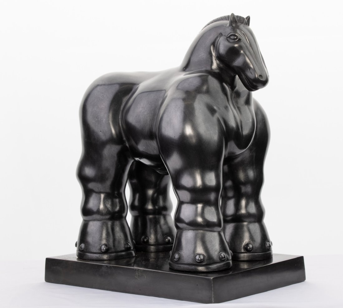 BOTERO BRONZE SCULPTURE OF THE TROJAN HORSE: Fernando Botero's Trojan Horse. Signed & NumberedFernando Botero's Trojan Horse. Signed & Numbered. "Trojan Horse", bronze with black patina 11 1/4 x 14 x 7 in (28.6 x 35.6 x 17.8 cm) signed on the ba