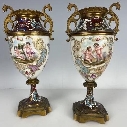 ANTIQUE FRENCH CHAMPLEVE ENAMEL & PORCELAIN VASES (1 of 2)