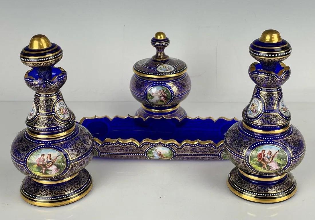 ENAMELED COBALT MOSER GLASS DRESSER SET (1 of 6)