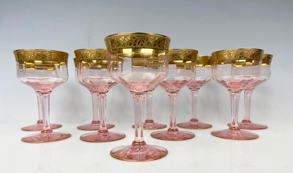 SET OF 10 GILT MOSER STYLE WINE GLASSES: Measure 5 inches. All in good used condition. Estimate $400-600
