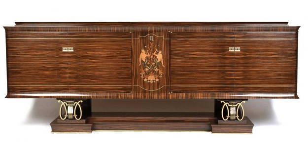 FRENCH ART DECO EXOTIC WOODS MARQUETRY MACASSAR: AN ELEGANT FRENCH ART DECO EXOTIC WOODS MARQUETRY INLAID MACASSAR EBONY AND GILT IRON CREDENZA, POSSIBLY BY JULES LELEU, PAULE LELEU, AND GILBERT POILLERAT, TOULOUSE, 1930s, The rectangular top center