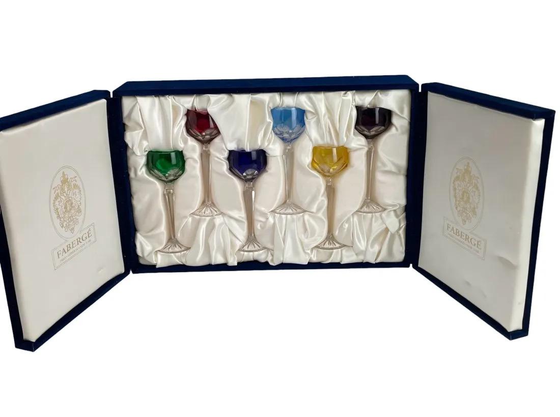 SET OF 6 IMPERIAL FABERGE CUT CRYSTAL WINE GLASSES: All signed Faberge. In original presentation box. With coa. In good condition .Estimate $800-1.000