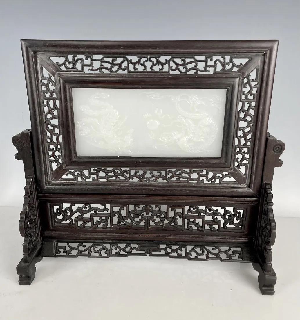 CHINESE WHITE JADE AND CARVED WOOD SCREEN (1 of 5)