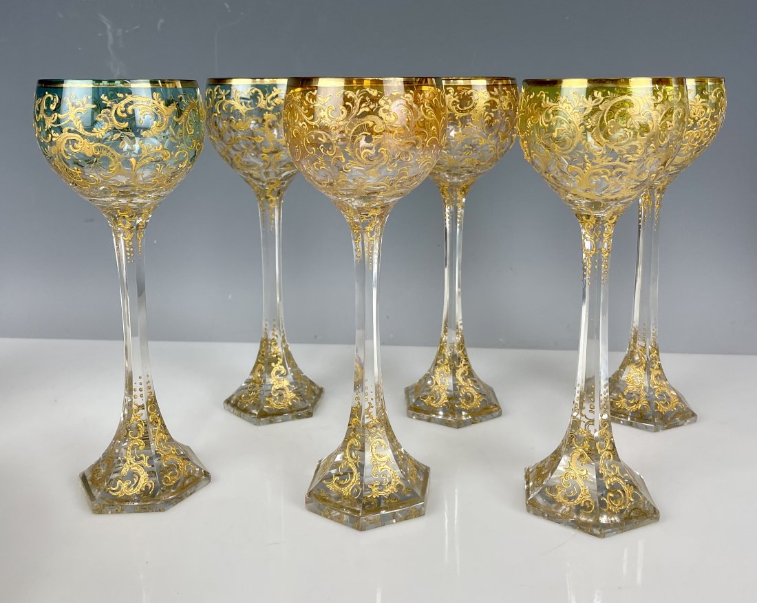 SET OF 6 GILT AND ENAMELLED WINE GLASSES: Circa 1900. Measure 7” high. All in good condition , minor gilt loss. Estimate $1.200-1500