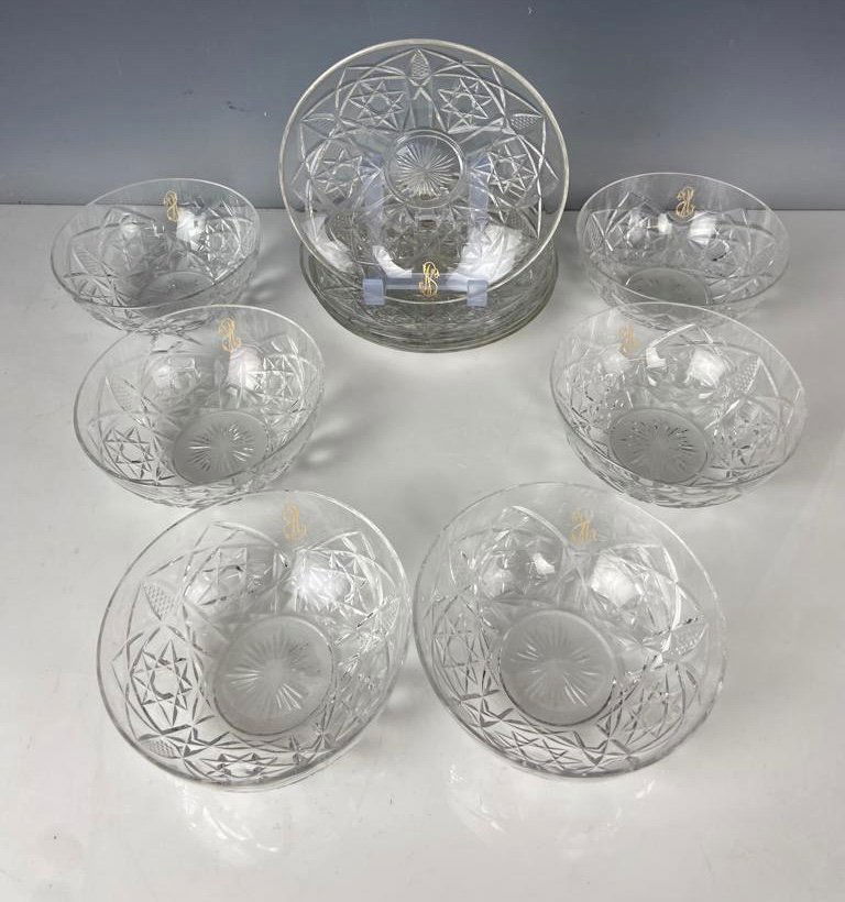 SET OF 6 ANTIQUE BACCARAT CUT CRYSTAL FINGERBOWLS: Circa 1900. Plate 6.5” d. All in good antique condition. Estimate $500-600