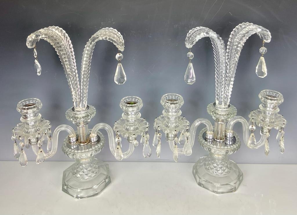 A PAIR OF CUT CRYSTAL CANDELABRA: Measure 15” high, 14” w. In good antique condition. Estimate $400-500
