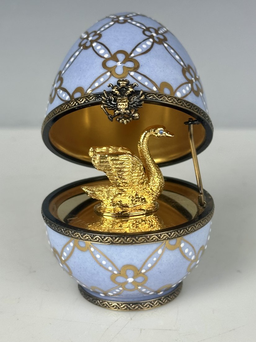 IMPERIAL FABERGE LIMOGE SWAN PORCELAIN EGG: Signed and stamped. Good condition. Estimate $600-800