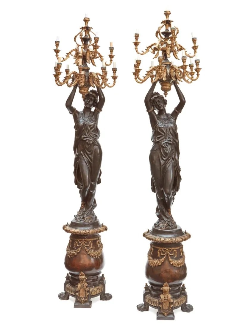 A PAIR OF BELLE EPOQUE STYLE PATINATED AND GILT BRONZE FIGURAL TORCHÃˆRES (1 of 1)