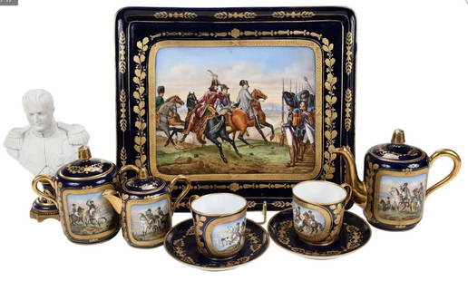 NAPOLEONIC SEVRES PORCELAIN TÊTE-À-TÊTE: Circa 1880. century, comprising: Bisque porcelain bust of Napoleon, engraved marks for Sevres at back with "M", carved bust atop gilt bronze and porcelain base, 7 x 4-1/2 x 2-1/2 in.; rectangular porc