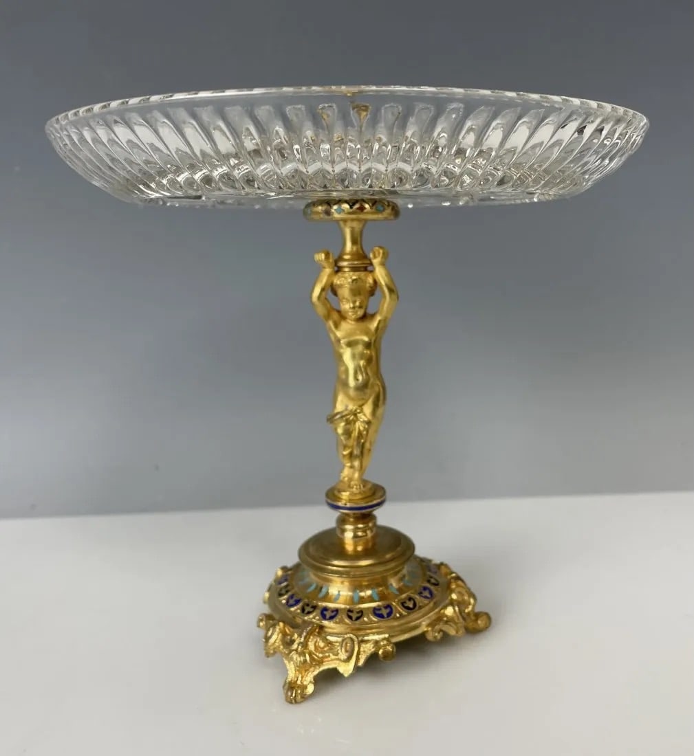 19TH C. FRENCH CHAMPLEVE ENAMEL AND BACCARAT CRYSTAL TAZZA: Circa 1900. Measures 6 inches tall. In good antique condition. Estimate $400-500
