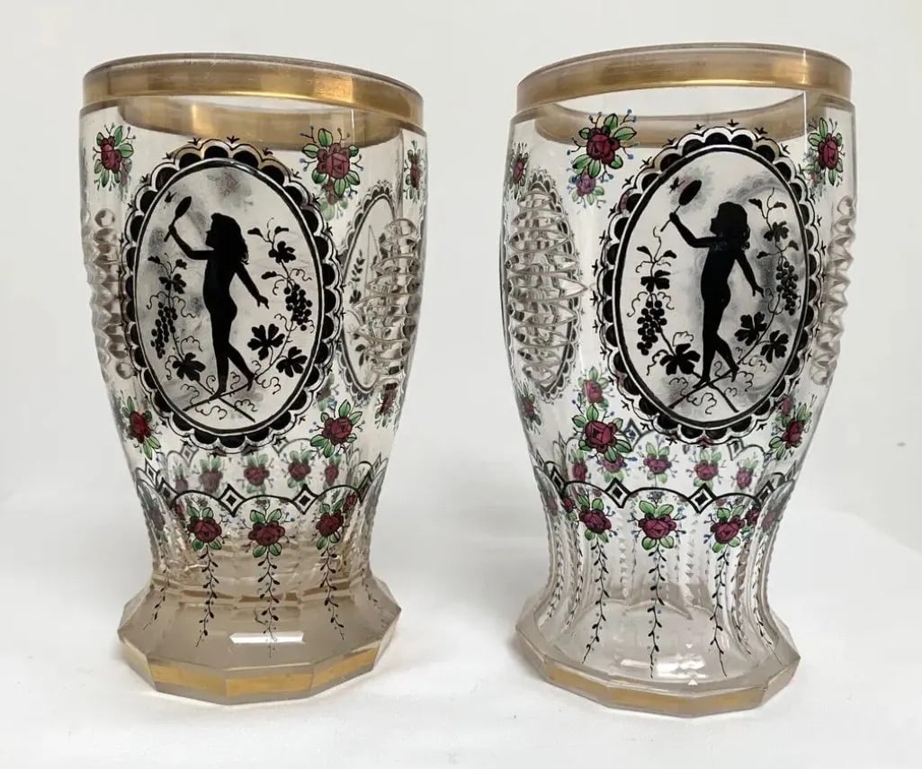 A PAIR OF 19TH C. ENAMELLED AND GILT MOSER: Circa 1900. Measure 6 inches high. Good antique condition. Estimate $800-1.000