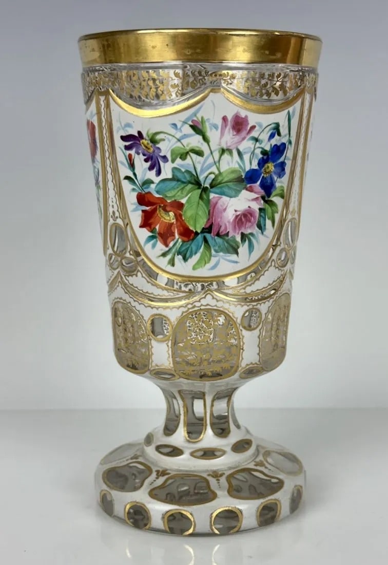 ENAMELED AND GILT MOSER BEAKER: Circa 1900. Measures 6.7 inches high. In very good condition. Estimate $800-1.000