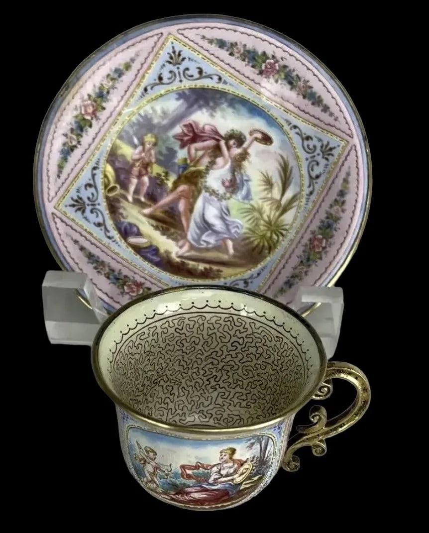 19TH C. VIENNESE ENAMEL SILVER CUP AND SAUCER (1 of 3)