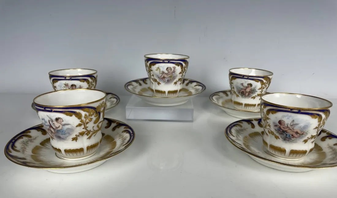 SET OF 5 ANTIQUE SEVRES STYLE CUP AND SAUCERS (1 of 6)