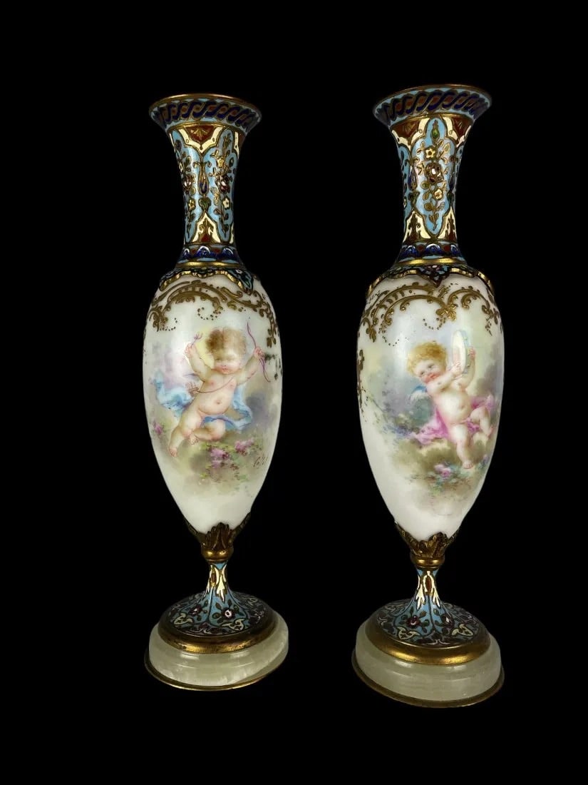 A PAIR OF FRENCH CHAMPLEVE ENAMEL & SEVRES PORCELAIN VASES (1 of 3)