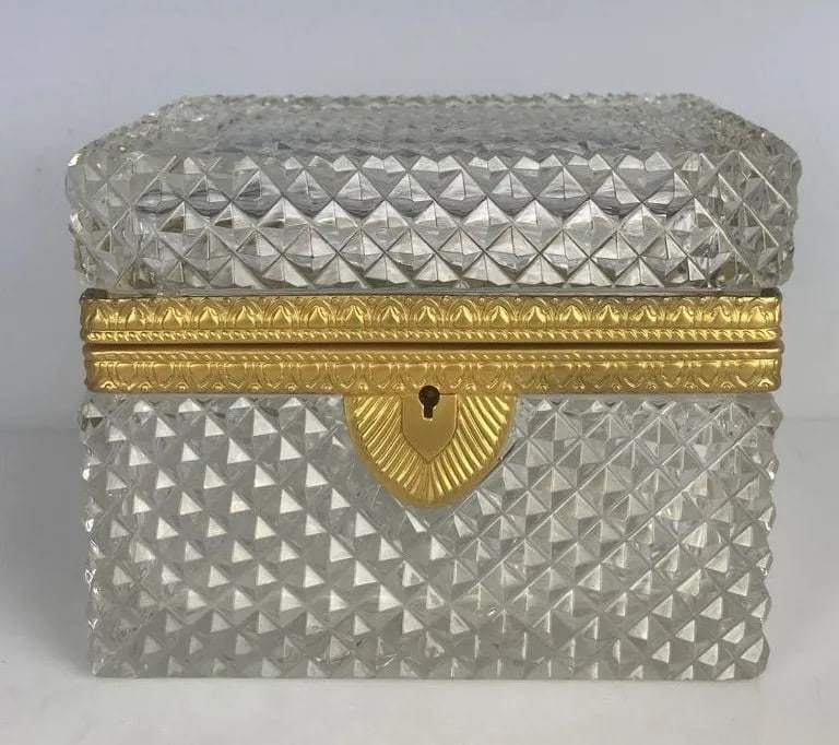 ORMOLU MOUNTED BACCARAT CRYSTAL BOX: Circa 1900. Measures 5.5 x 4.5 x3.5 inches. In good used condition. Estimate $800-1.000