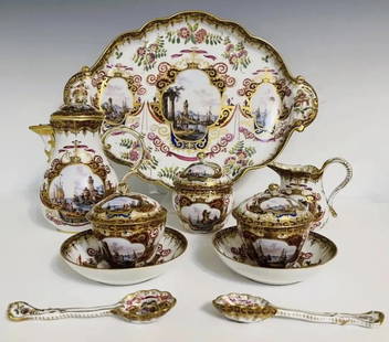 19TH C. MEISSEN AND DRESDEN TEA SET: Tray measures 18 inches ; long with AR mark, tea pot bears first quality Meissen mark, other pieces Dresden. All in god antique condition. Estimate $5.000-6.000