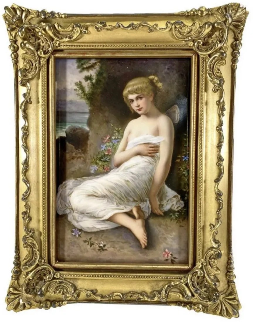 19TH C. BERLIN KPM PORCELAIN PLAQUE: Circa 1900. Dimensions:12 3/8 x 9 5/8 in with frame. 8 1/2 x 5 5/8 in without frame. In good condition. Estimate $1.200-1.500
