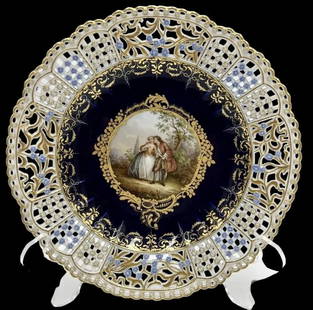19TH C. MEISSEN RETICULATED PLATE: Painted with Watteau scene, first quality, good condition , no restoration. Estimate $2.500-3.000