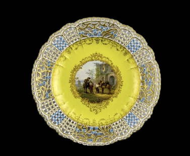 19TH C. MEISSEN RETICULATED YELLOW GROUND PLATE: First quality cross swords mark. Measures 10 inches diameter. In good antique condition. Estimate $4.000-4.500