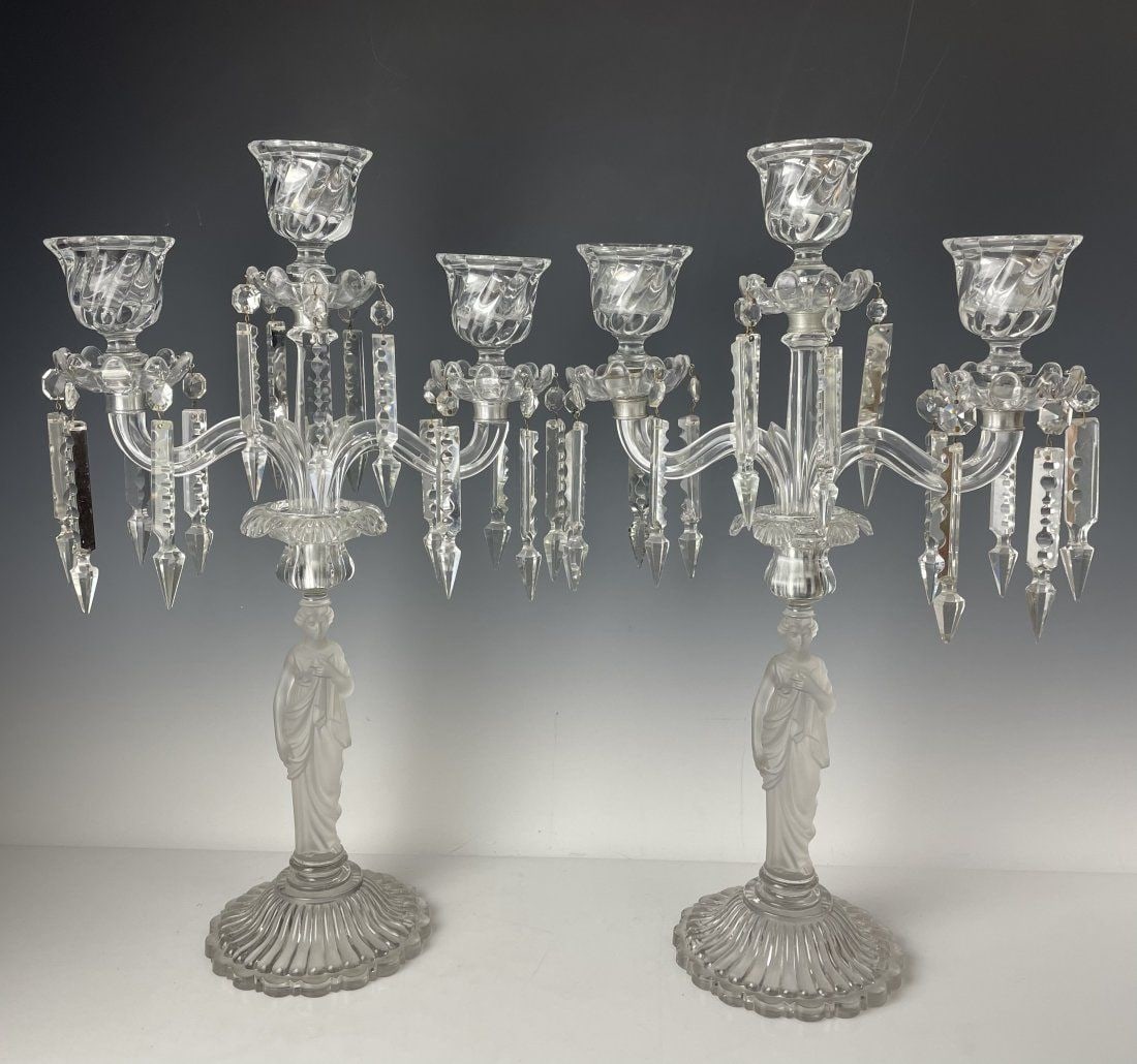 A LARGE PAIR OF SIGNED BACCARAT 3 LIGHT CANDELABRA (1 of 4)
