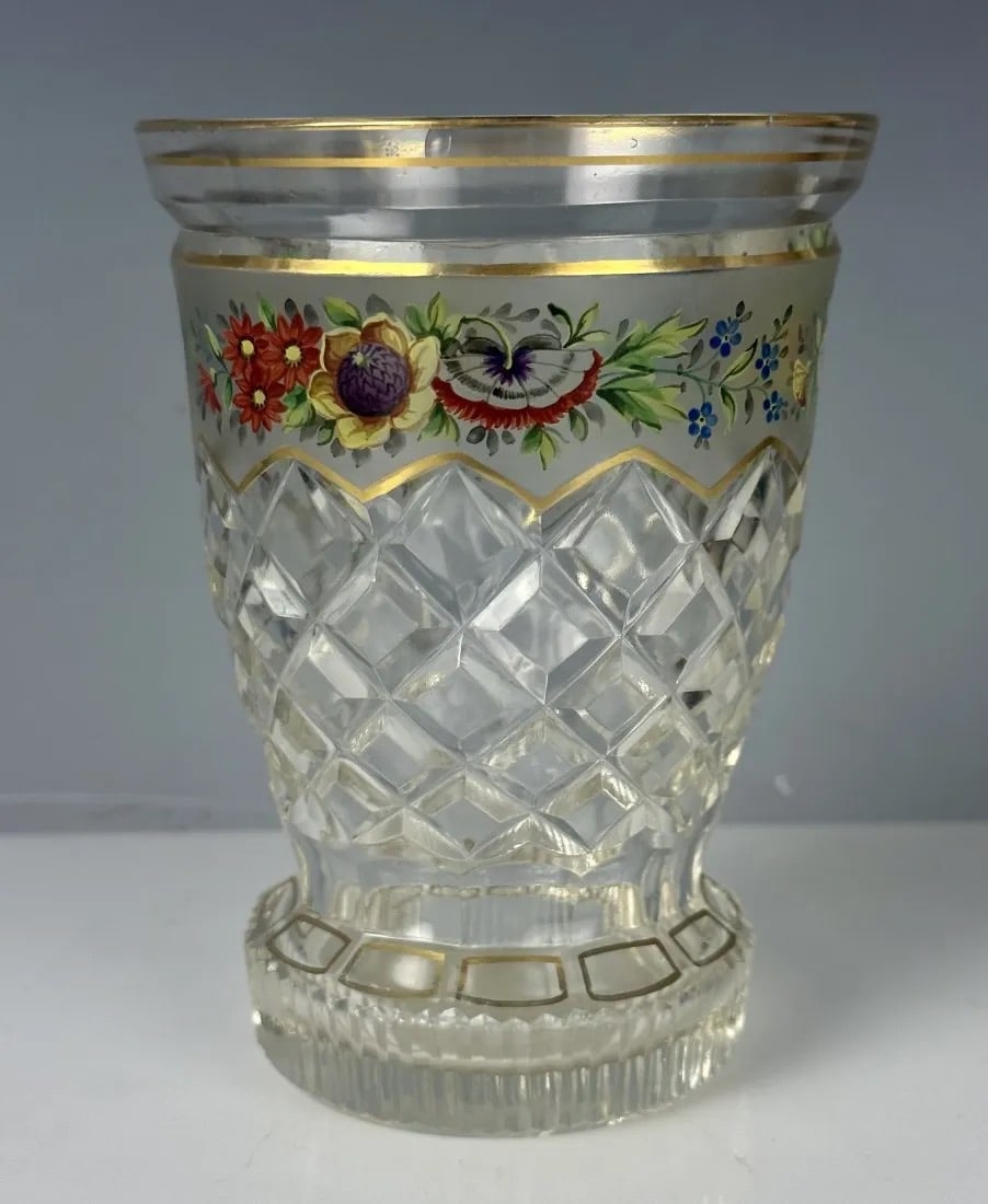 ENAMELLED MOSER BEAKER: Circa 1900. Measures 5 inches high. Estimate $400-500