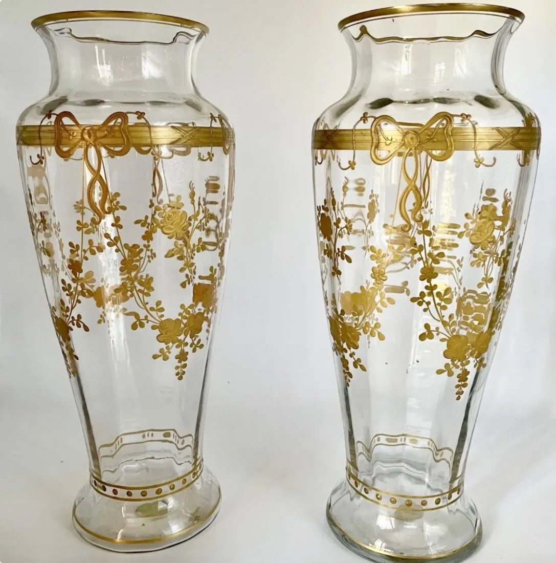 A PAIR OF ENAMELED AND GILT MOSER GLASS VASES (1 of 3)