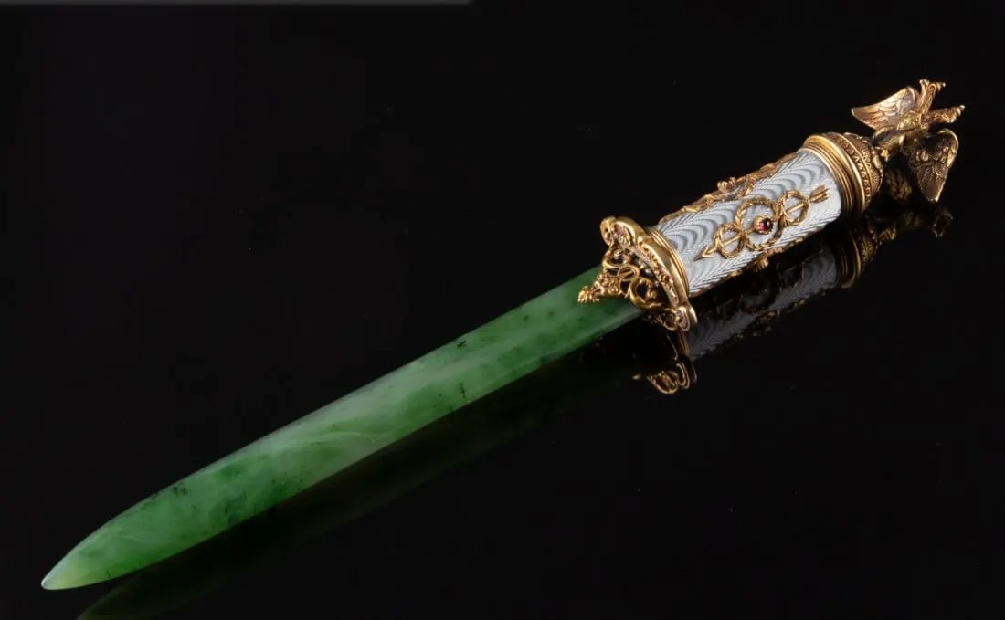 GILT SILVER AND GUILLOCHE ENAMEL NEPHRITE LETTER OPENER (1 of 2)