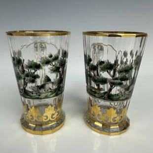 A PAIR OF 19TH C. ENAMELLED AND GILT MOSER GLASSES: Measure 5.7 inches high. In good antique condition. Estimate $600-800