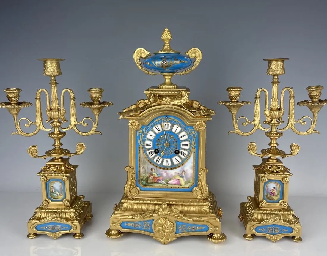 19TH C. DORE BRONZE AND SEVRES PORCELAIN CLOCK GARNITURE (1 of 3)