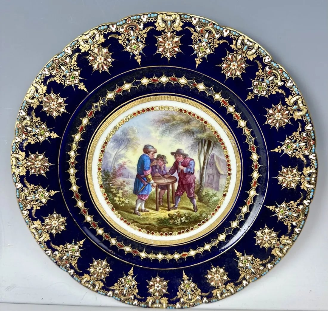 19TH C. JEWELLED SEVRES STYLE PORCELAIN PLATE (1 of 4)
