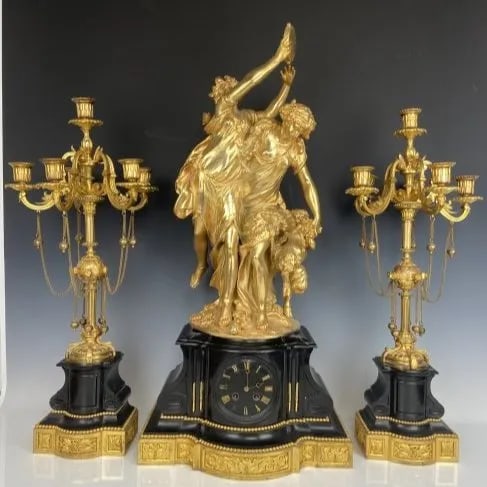 19TH C. DORE BRONZE AND SLATE CLOCK SET SIGNED H. PICARD (1 of 6)