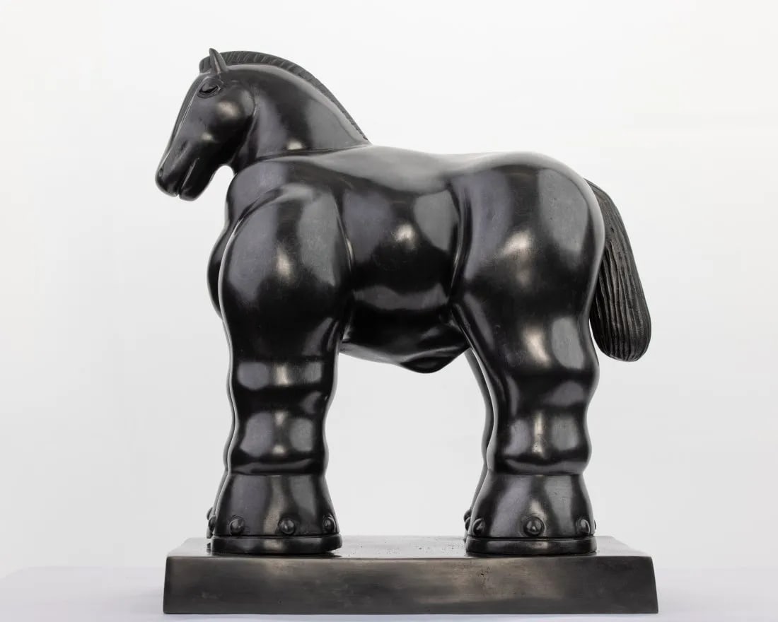 BOTERO BRONZE SCULPTURE OF THE TROJAN HORSE: Fernando Botero's Trojan Horse. Signed & NumberedFernando Botero's Trojan Horse. Signed & Numbered. "Trojan Horse", bronze with black patina 11 1/4 x 14 x 7 in (28.6 x 35.6 x 17.8 cm) signed on the ba